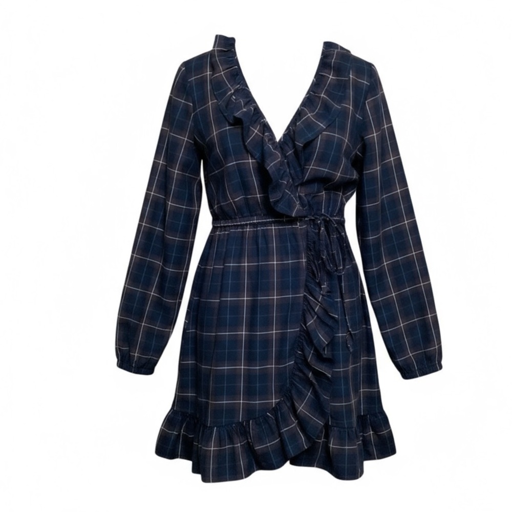 Sunner Navy plaid Cotton Ruffle wrap dress. Size Medium